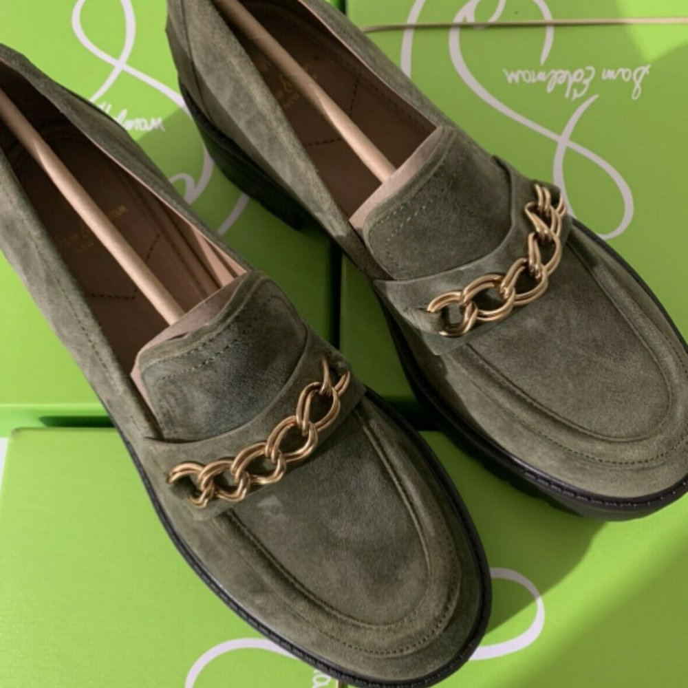 SAM EDELMAN Taelor Chain Link, Olive Suede Lug Sole Loafer MSRP$160 Gorgeous!